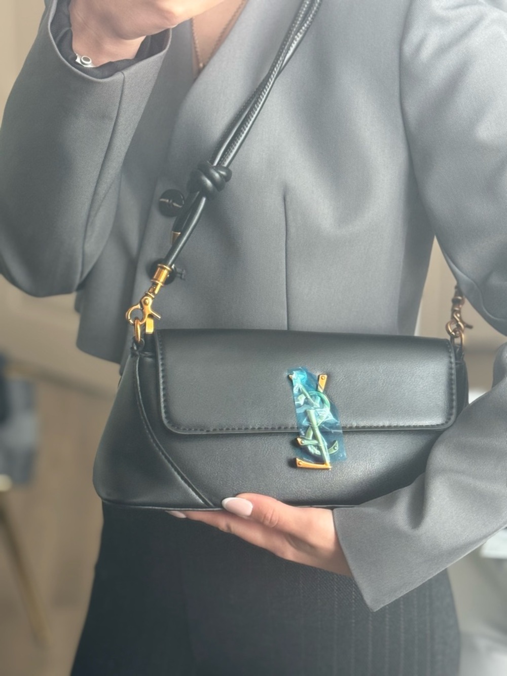 Black faux Leather Shoulder Bag with Decorative Logo Accent